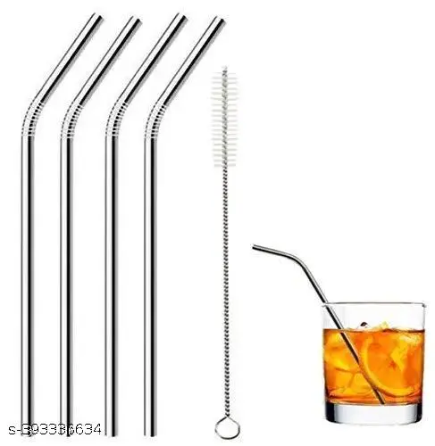 Sizzling Reusable Stainless Steel Straws for Drinking with Brushes 8.5 Inches BPA-Free Metal, Thick, Long (2 Bent + 2 Straight +1 Brush)