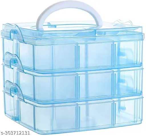3-Layer Jewelry & Makeup Organizer Box – 18 Grid (Blue)