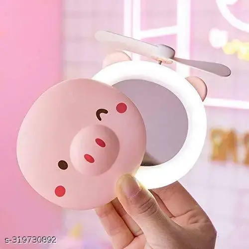 Small Cute Head Shape Fill Light LED Mirror Fan USB Portable Charging Pocket Fan Makeup Mirror (Pack of 1, Multicolor, Random Design)