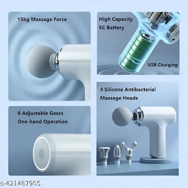 Powerful handheld massage gun with 4 interchangeable heads and 5-speed settings. Ideal for deep tissue massage, muscle recovery, and full-body relaxation.